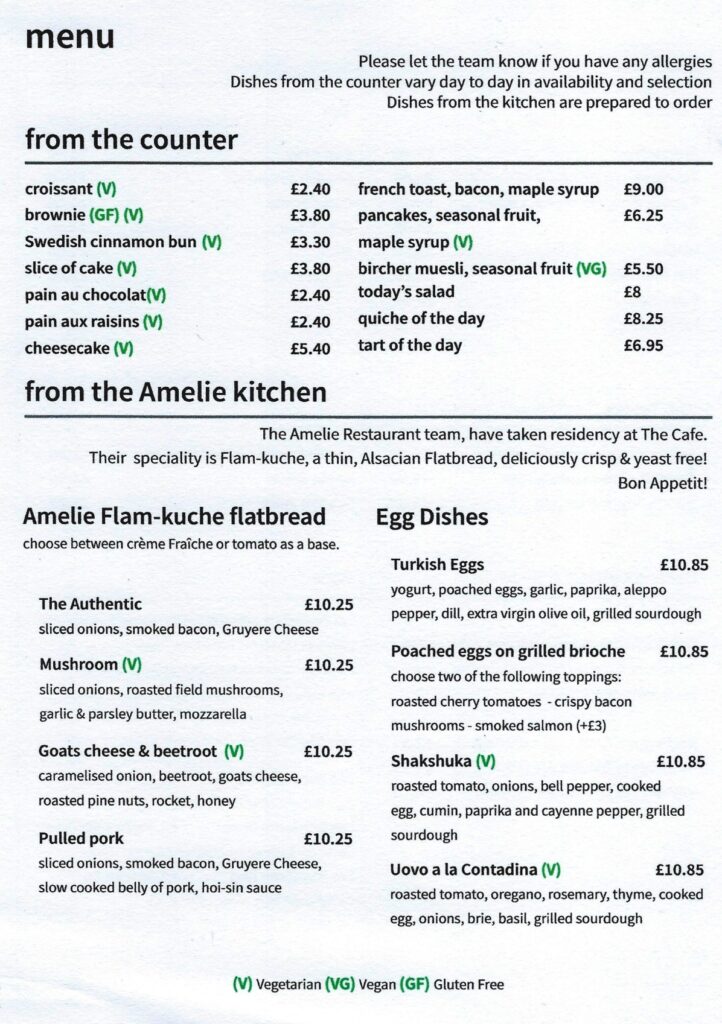 Chez Amelie Cafe's Menu with a selection of items to chose from from the counter and from the kitchen